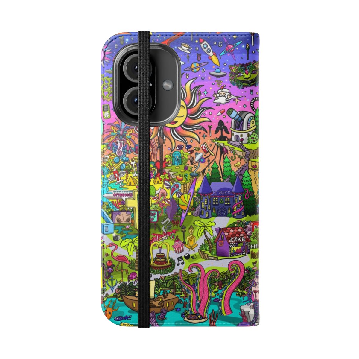 Psychedelic flip cover phone case with a surreal, cosmic design featuring the sun, stars, and abstract elements. - Folded Front