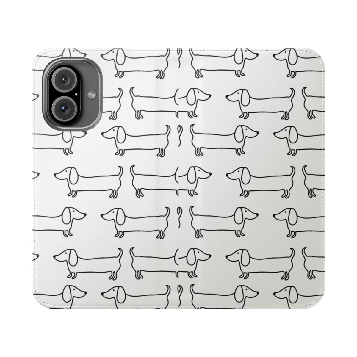 Dachshund phone case with a hand-drawn black and white illustration of a sausage dog