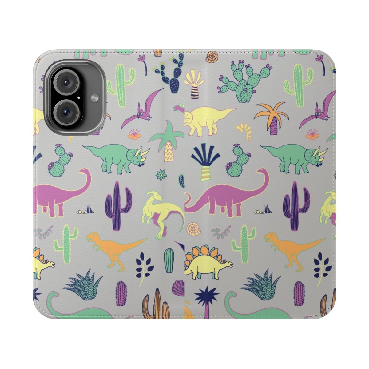 Colorful phone case with a dinosaur and desert pattern in pastel colors