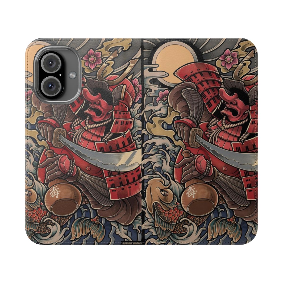 Artwork featuring a samurai oni demon on a phone case