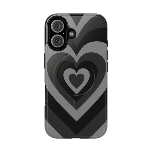 Magnetic tough phone case featuring a black heart pattern design