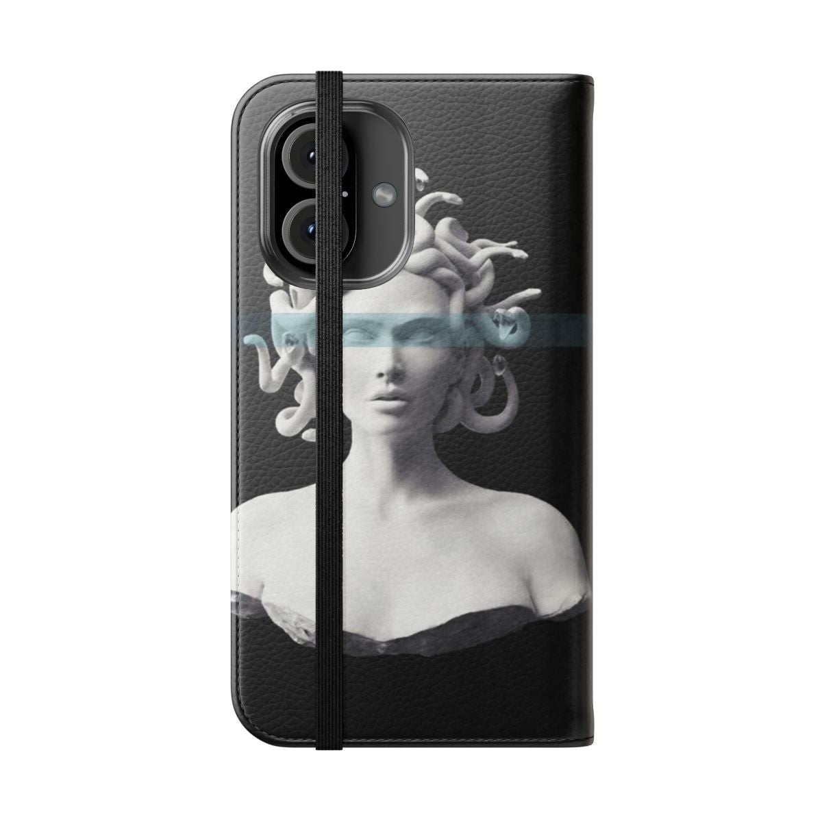 Medusa-Inspired Flip Cover Phone Case with Textured, Modern Design - Folded Front