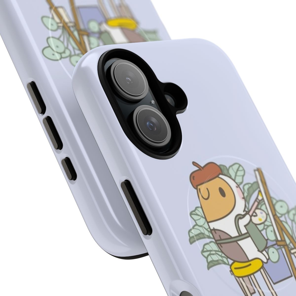 Illustration of a cute guinea pig wearing a beret and painting on a magnetic phone case - Detail