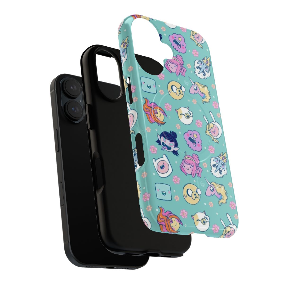 Magnetic tough phone case featuring characters from the Adventure Time cartoon series, including Finn, Jake, Marceline, and Princess Bubblegum. - Layers