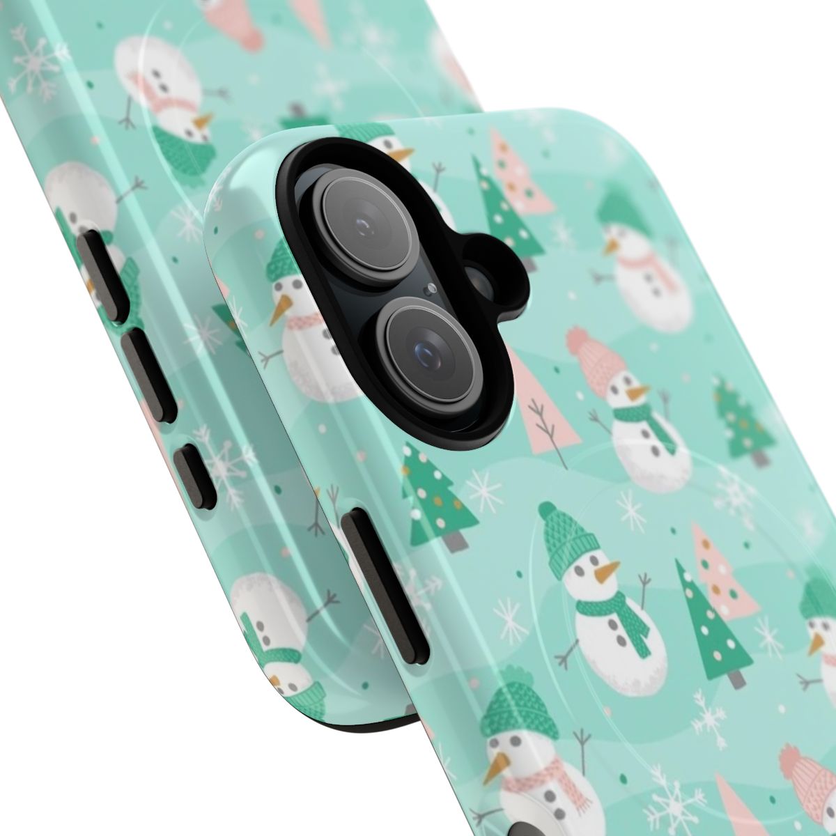 Festive mint green phone case with hand-drawn snowmen design - Detail