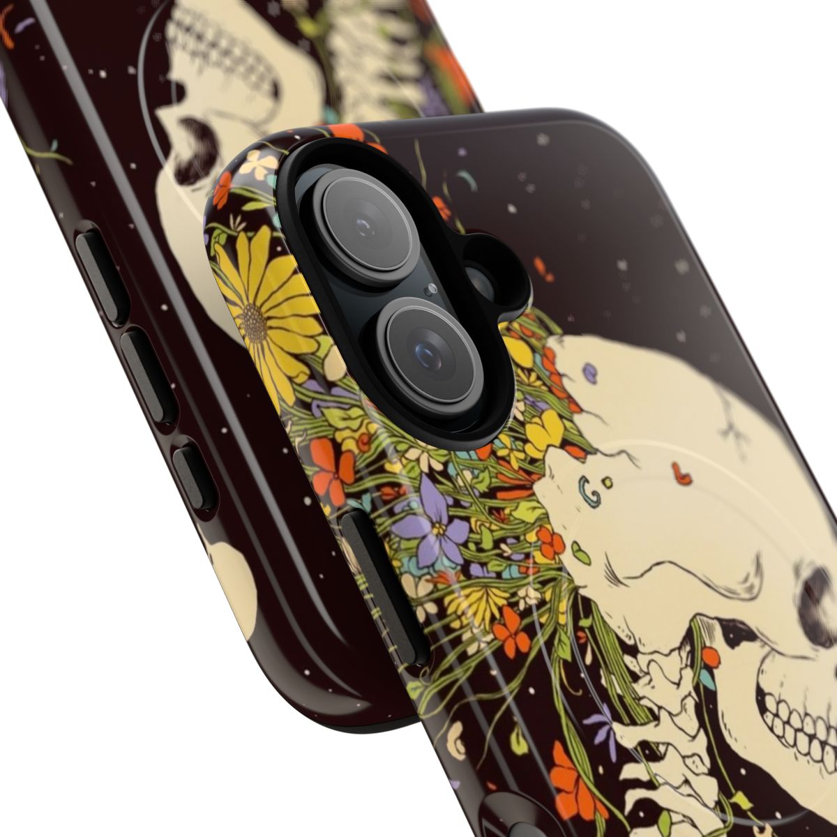 A surreal phone case featuring a design with a floral memento mori, moon, and stars set against a celestial background. - Detail