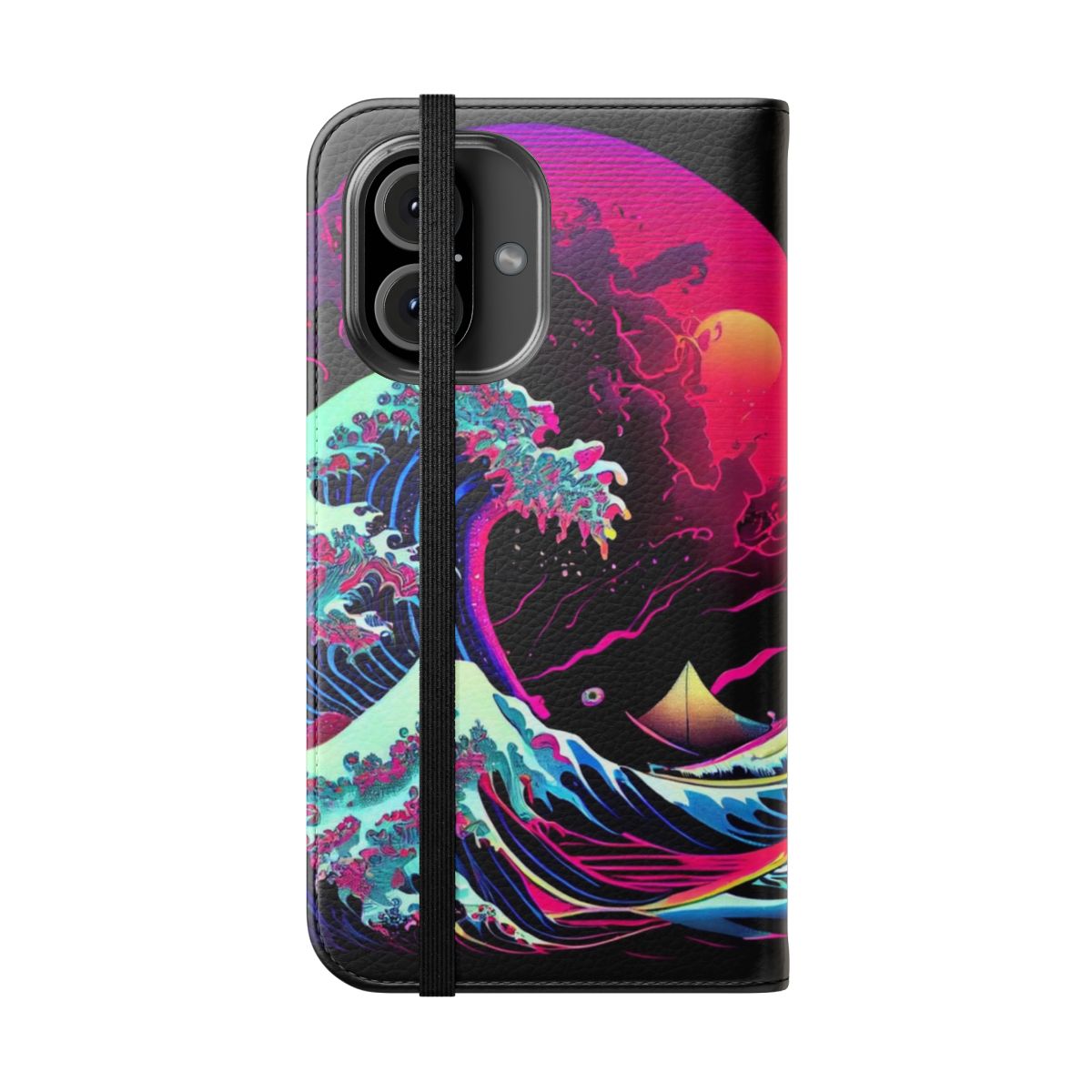 Retro wave synthwave phone case with Katsushika Hokusai's 'The Great Wave off Kanagawa' artwork - Folded Front