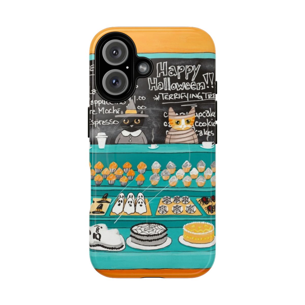 Whimsical phone case featuring Halloween-themed bakery items and adorable cats in costumes