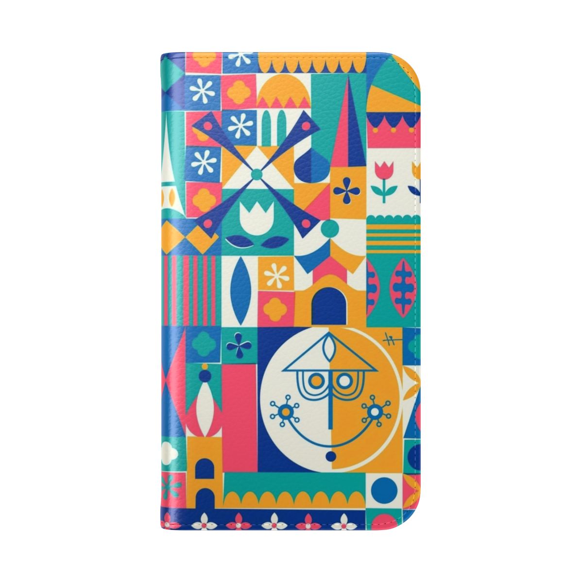 Flip cover phone case with a design inspired by the classic Small World attraction at Disney World - Folded Back