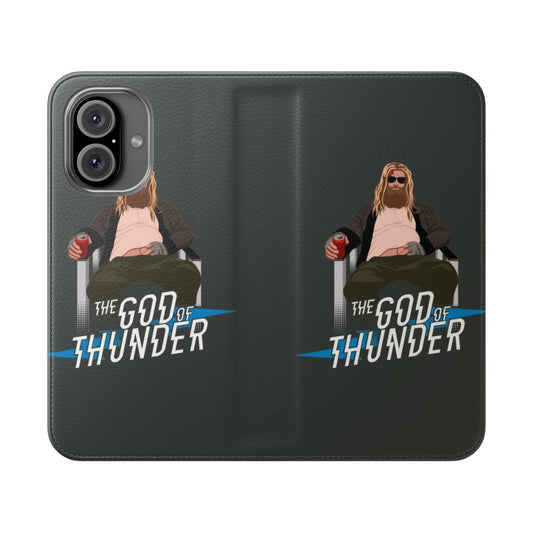 A Thor-inspired flip cover phone case with a humorous, parody design