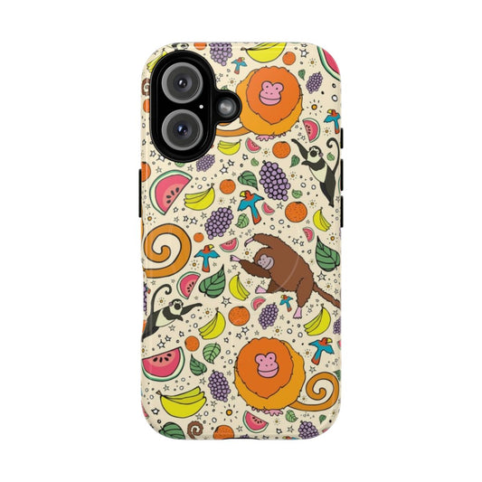 Magnetic tough phone case featuring a colorful monkey and jungle pattern design