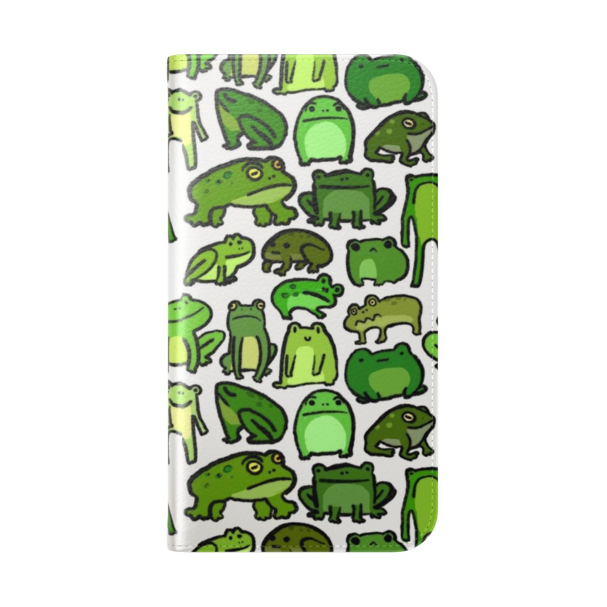 A close-up photo of a green frog-themed flip phone case - Folded Back