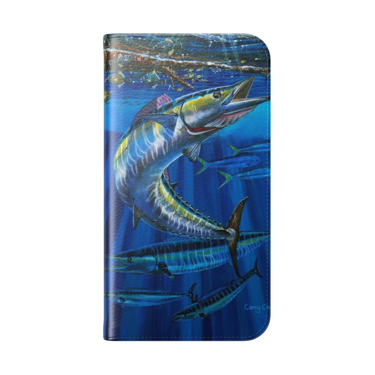 Wahoo-Inspired Flip Cover Phone Case featuring Vibrant Marine Artwork - Folded Back