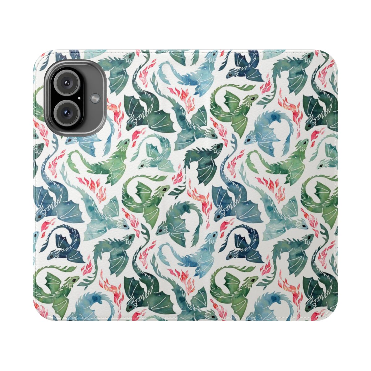 A vibrant blue and green watercolor phone case featuring a mystical, fire-breathing dragon design.