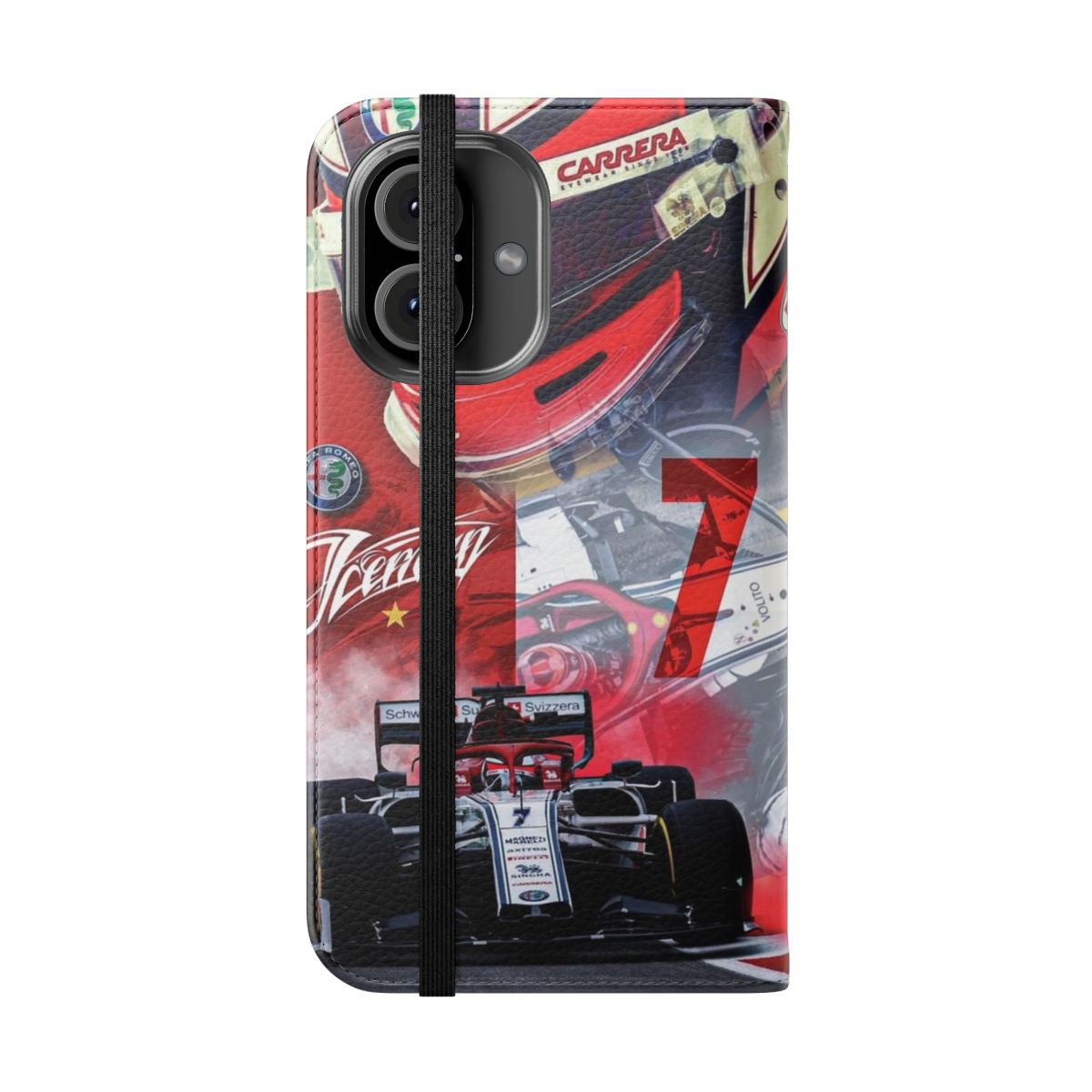 Flip cover phone case featuring the legendary F1 driver Kimi Raikkonen - Folded Front