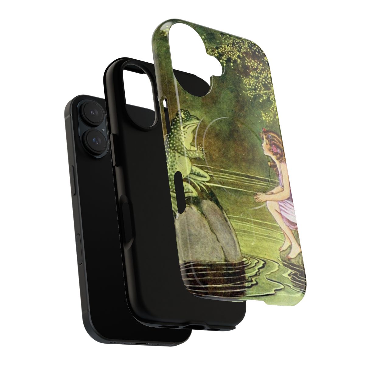 Whimsical phone case featuring a frog and fairy conversation in an enchanted forest, inspired by the artwork of Ida Rentoul Outhwaite. - Layers