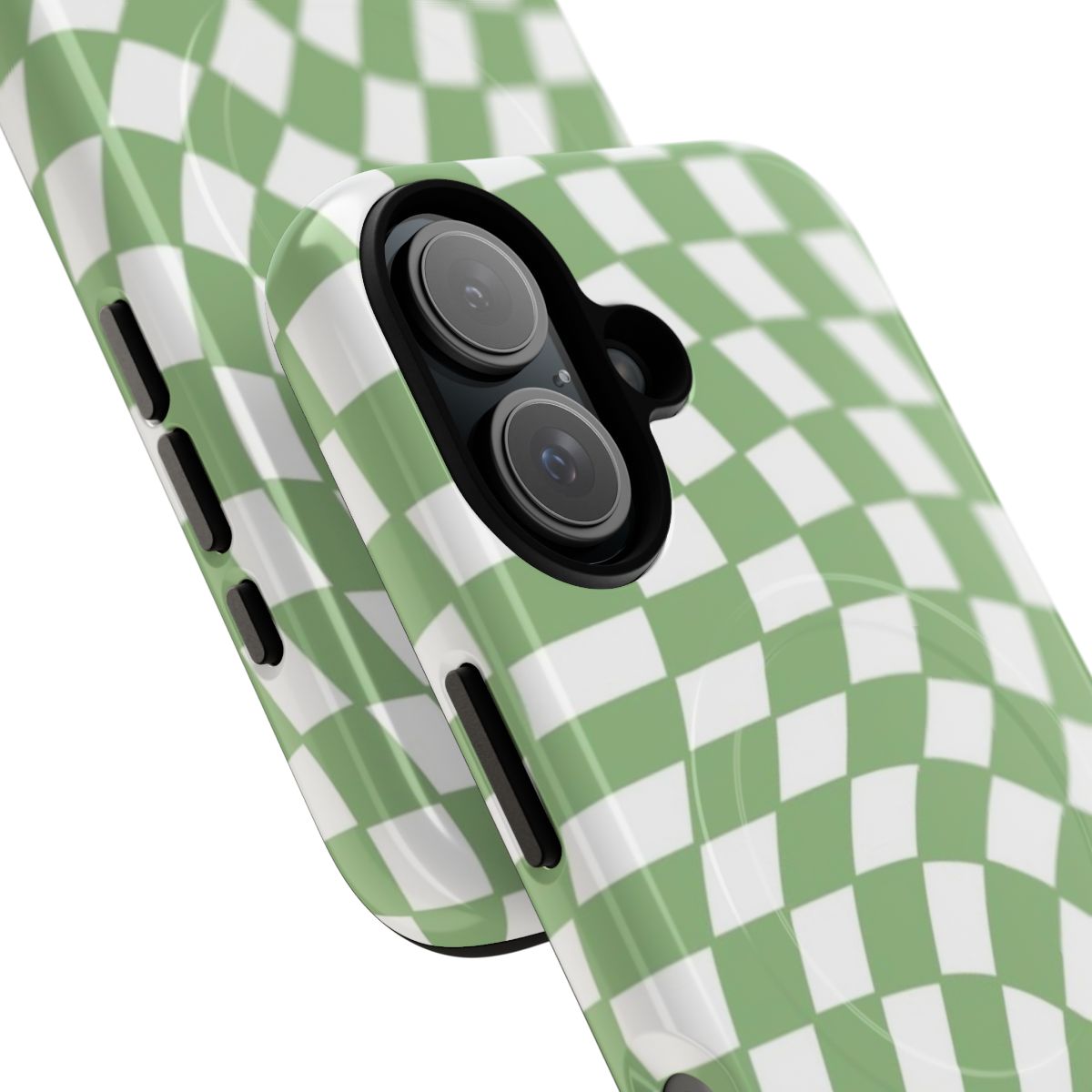 Distorted checkerboard pattern in sage green and white colors on a protective phone case - Detail