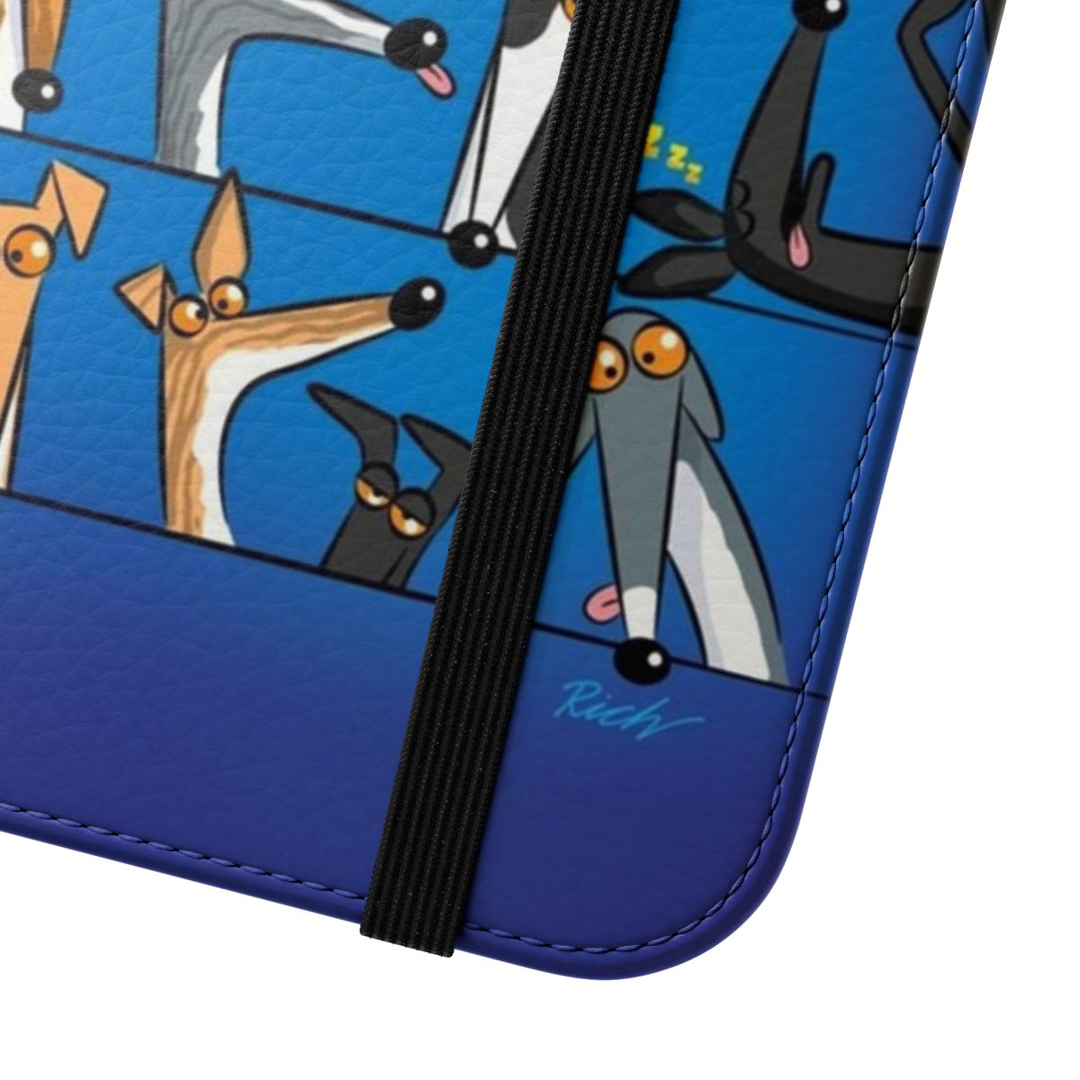 Flip cover phone case featuring a cute cartoon greyhound design - Close Up