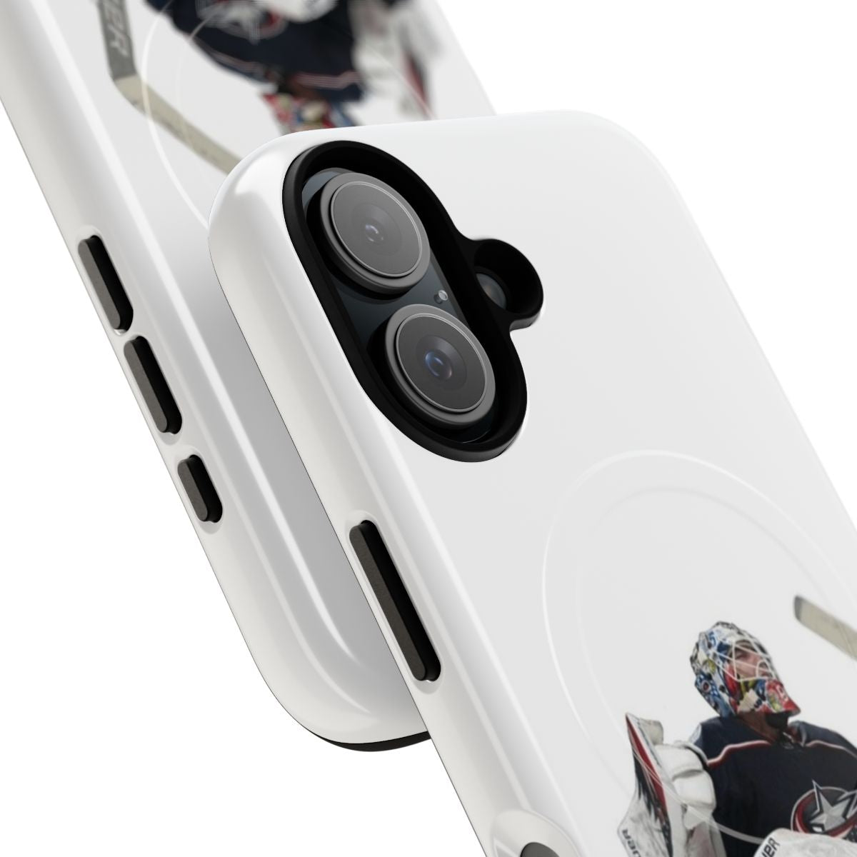 Durable hockey phone case with an image of NHL player Elvis Merzlikins - Detail