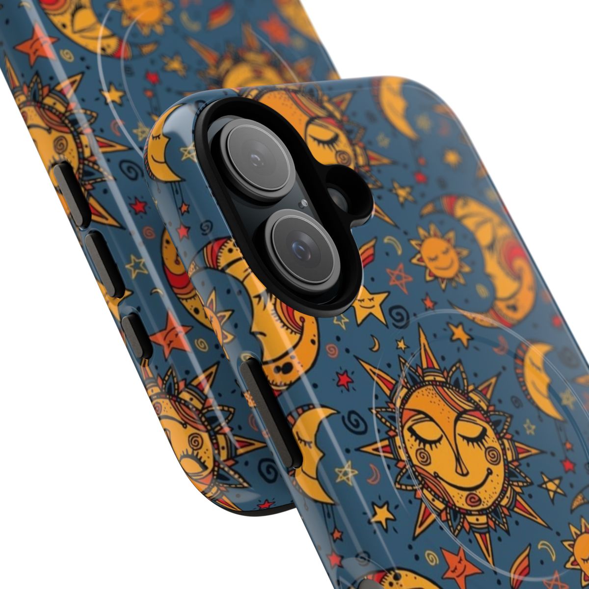 Whimsical phone case featuring a hand-drawn design of the sun, moon, and stars in a bohemian, nature-inspired style. - Detail