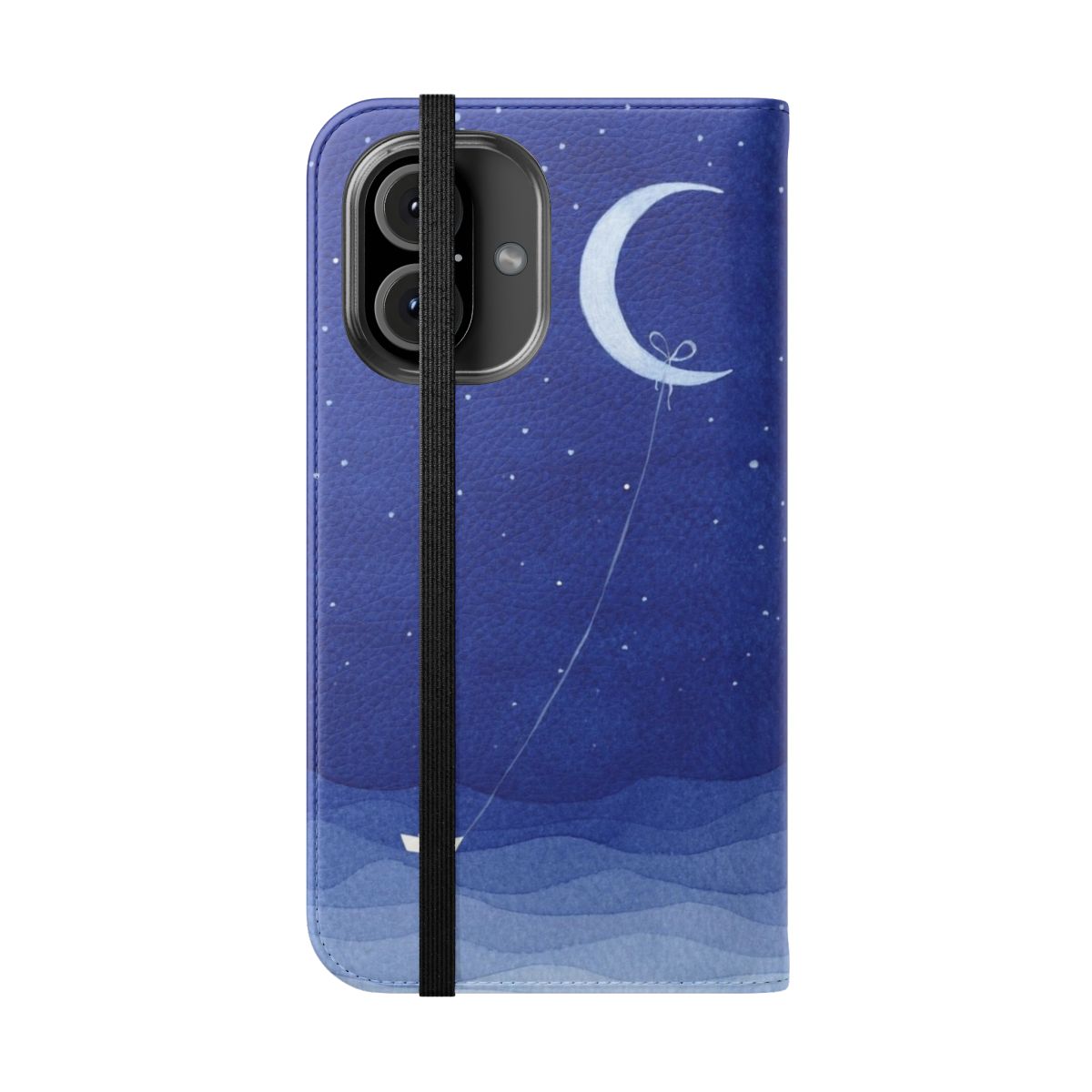 Flip cover phone case featuring a watercolor design of the moon, waves, and a sailboat on the ocean at night. - Folded Front