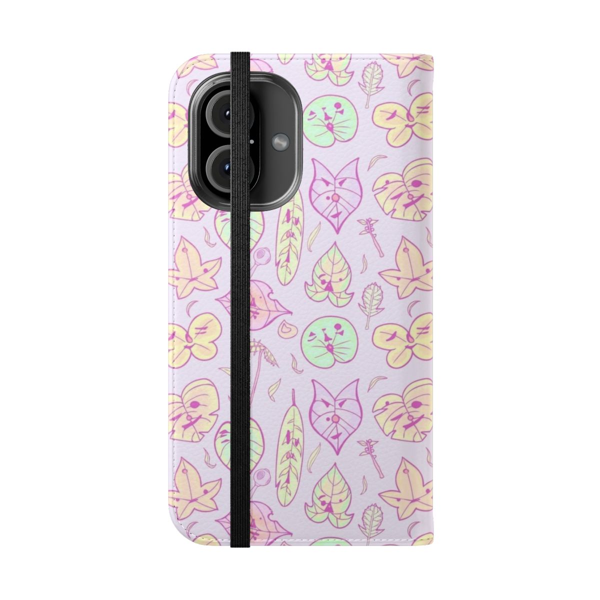 Pastel purple phone case featuring doodle illustrations of items and characters from The Legend of Zelda series. - Folded Front