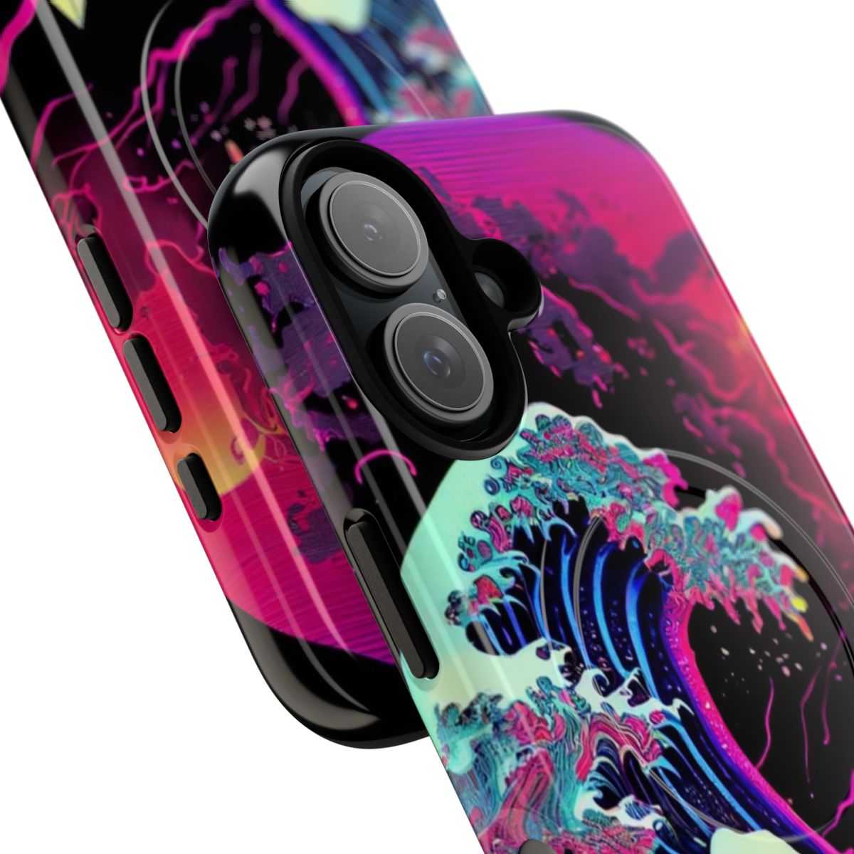 Retro Wave Phone Case with Katsushika Hokusai's 'The Great Wave off Kanagawa' in Synthwave, Vaporwave and Retrowave Styles - Detail