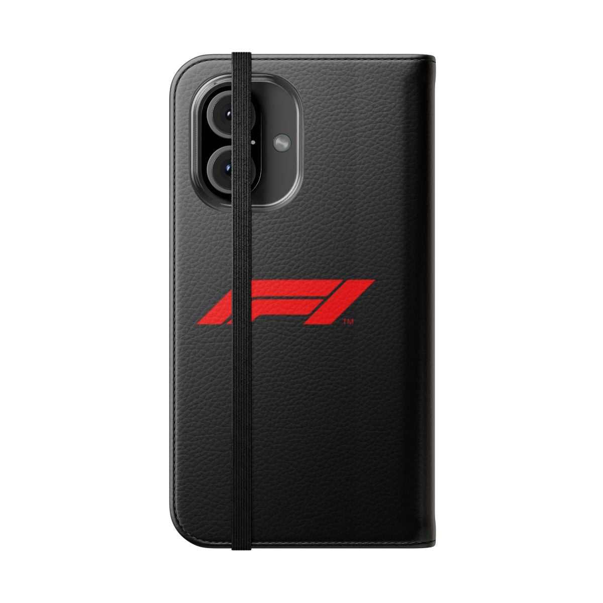 Motorsports-themed flip cover phone case with racing car design - Folded Front