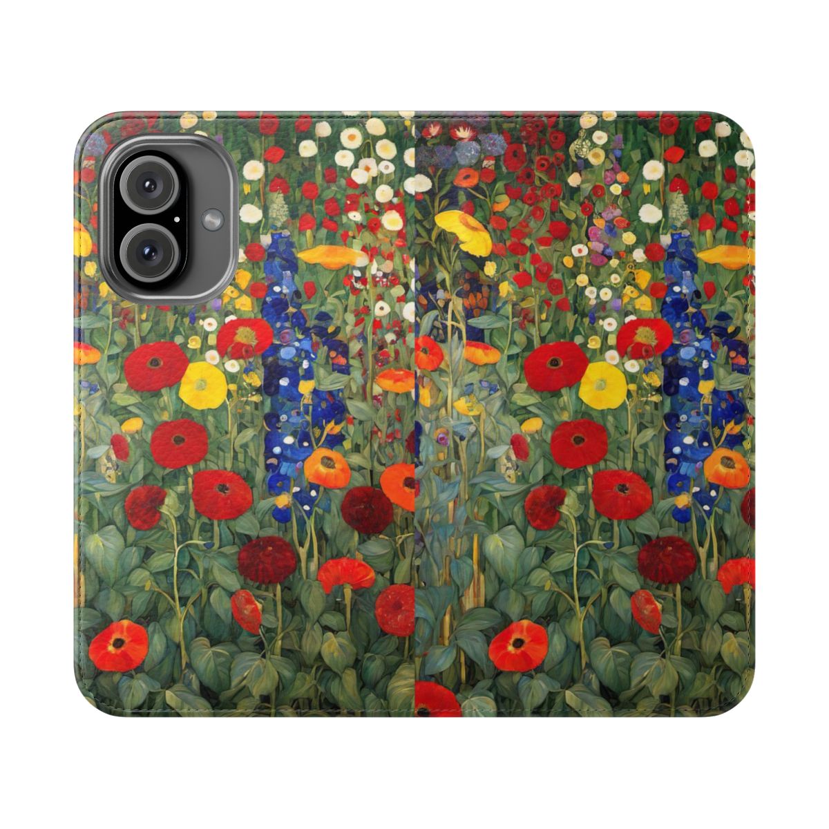 Vibrant floral pattern phone case design inspired by the iconic art of Gustav Klimt.