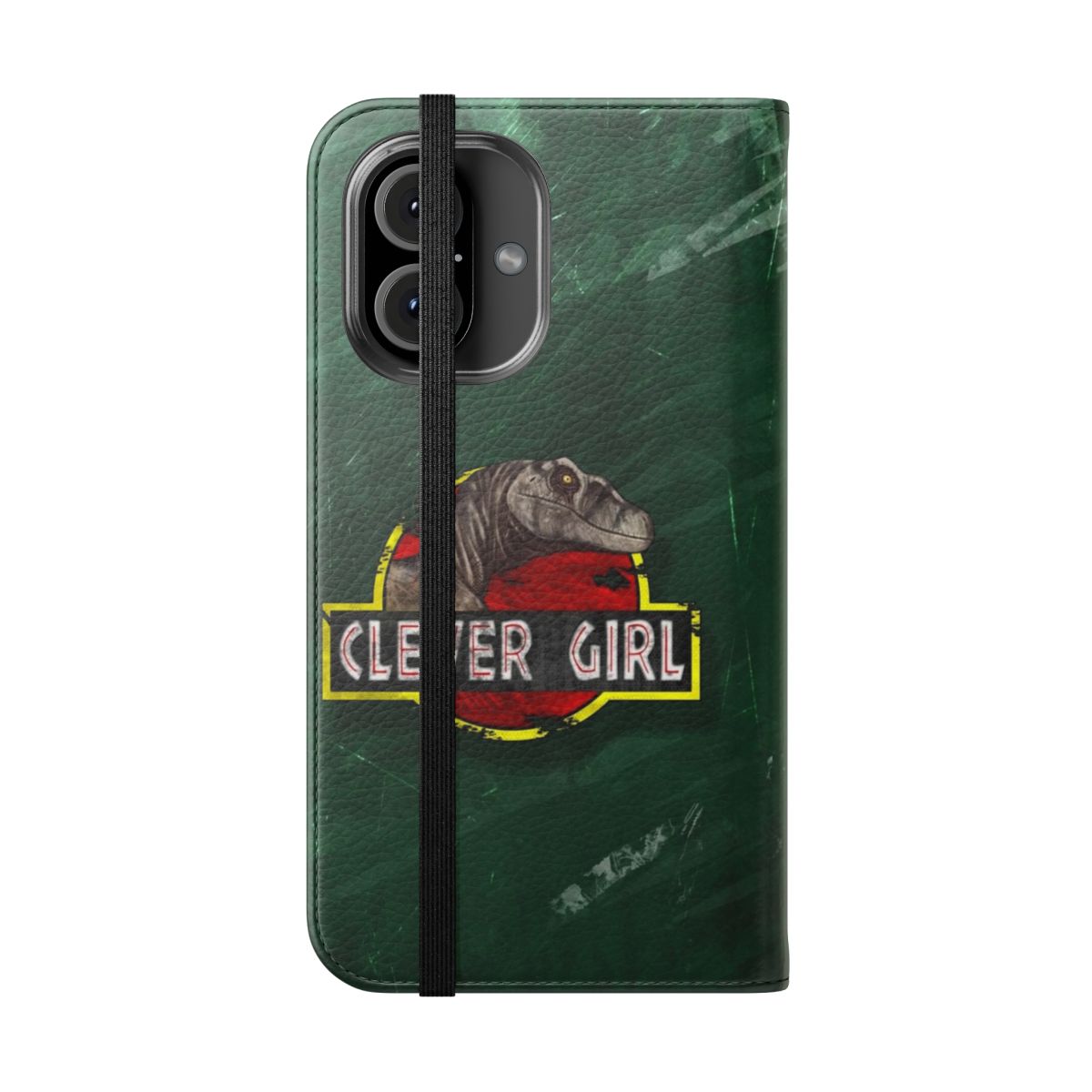 Clever Dinosaur Lover Flip Cover Phone Case featuring a velociraptor dinosaur design - Folded Front