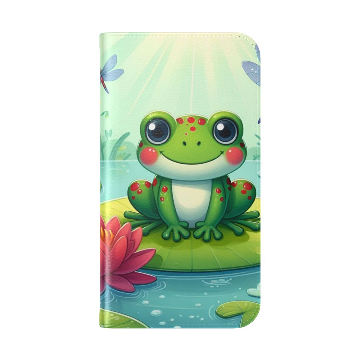 Whimsical frog-themed flip phone case with a ghibli-inspired design - Folded Back