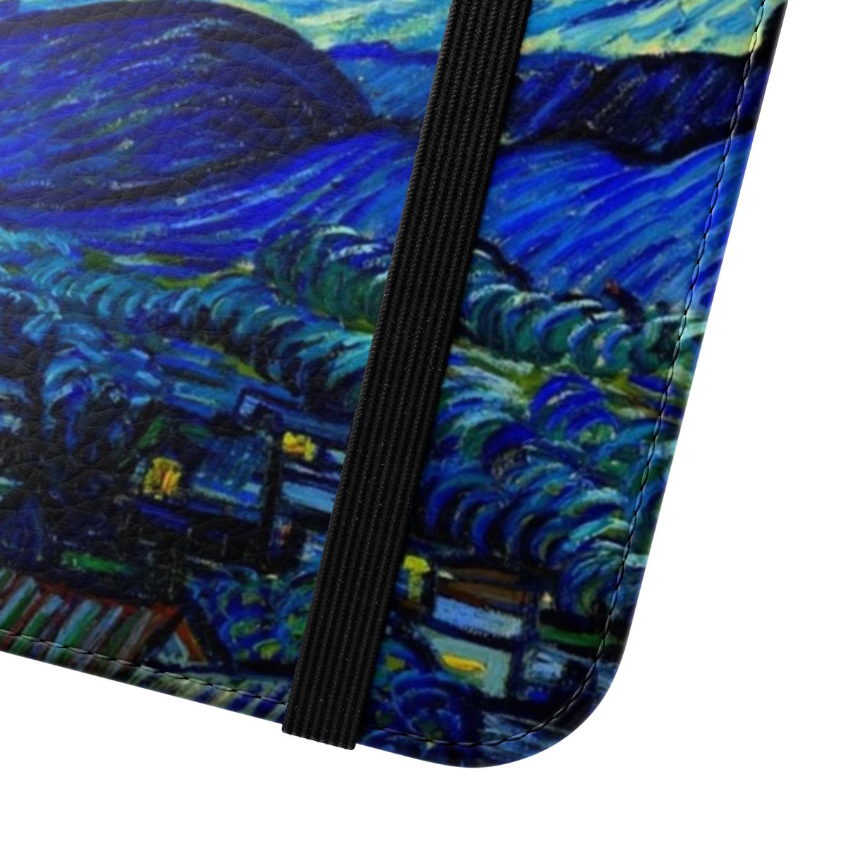 A vibrant blue and yellow flip phone case featuring the iconic "Starry Night" painting by the post-impressionist artist Vincent van Gogh. - Close Up