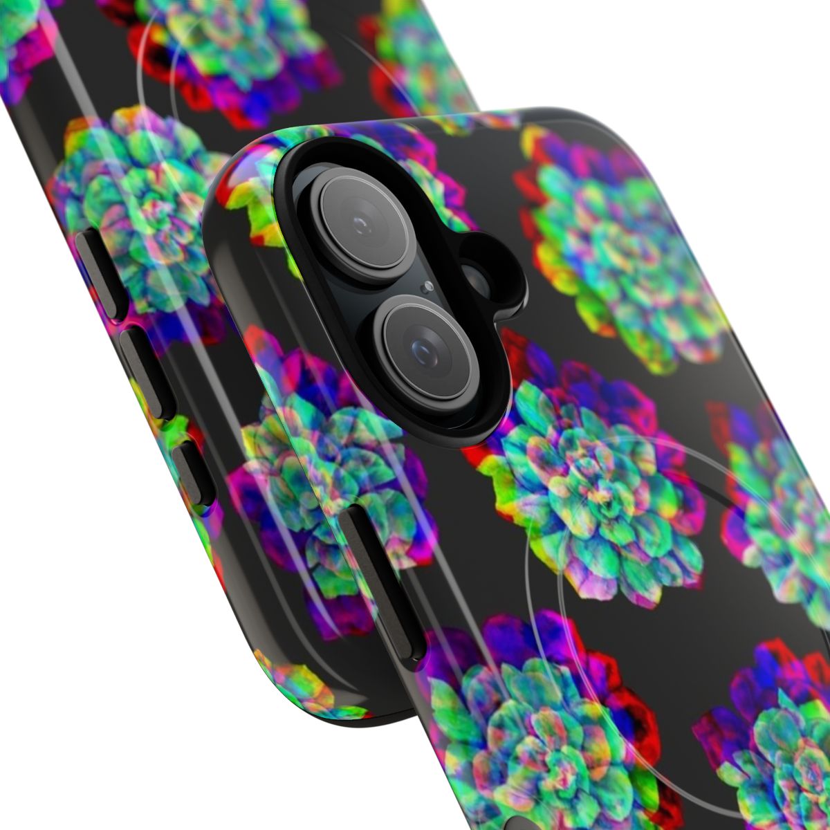 Vibrant glitched succulents design on a magnetic tough phone case - Detail