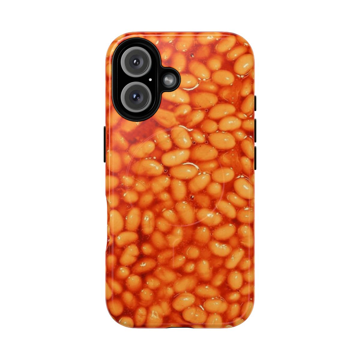 Magnetic phone case with a vibrant pattern of baked beans in a tin