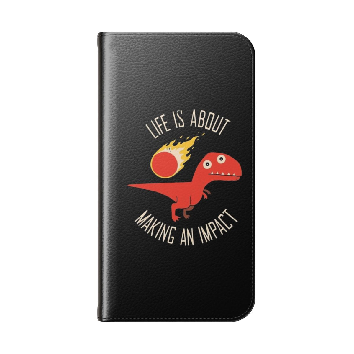 Dinosaur themed flip cover phone case with typography and character design - Folded Back