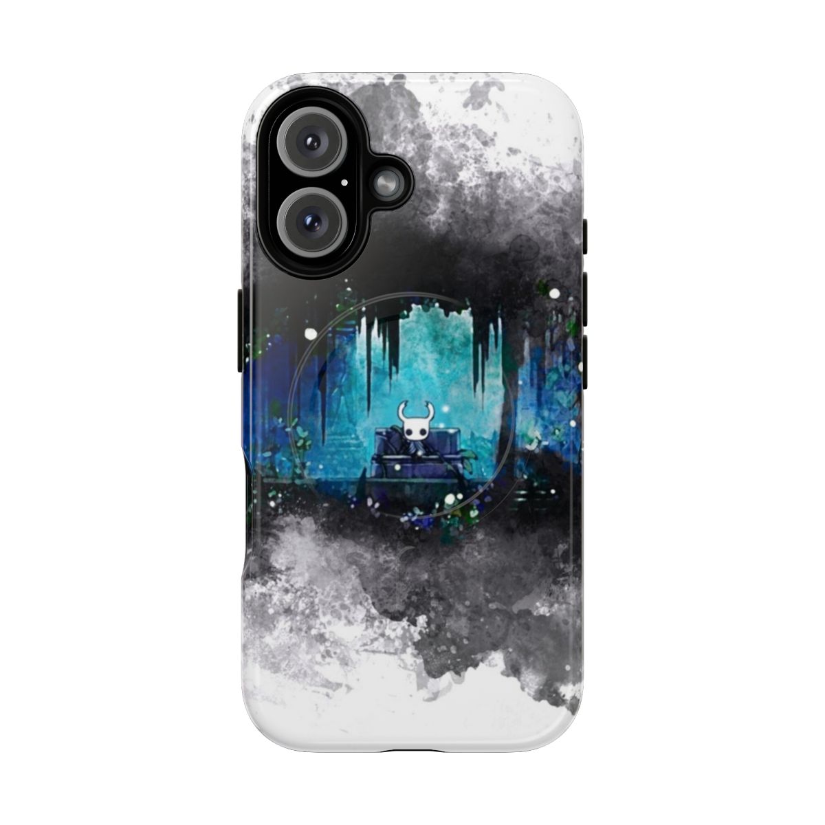 Watercolor-style phone case featuring characters and elements from the indie game Hollow Knight