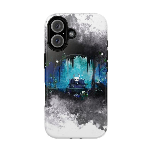 Watercolor-style phone case featuring characters and elements from the indie game Hollow Knight