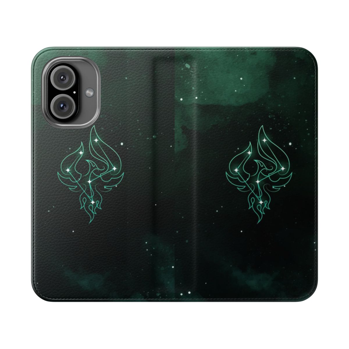 A phone case featuring the character Xiao from the popular game Genshin Impact, with his constellation design.