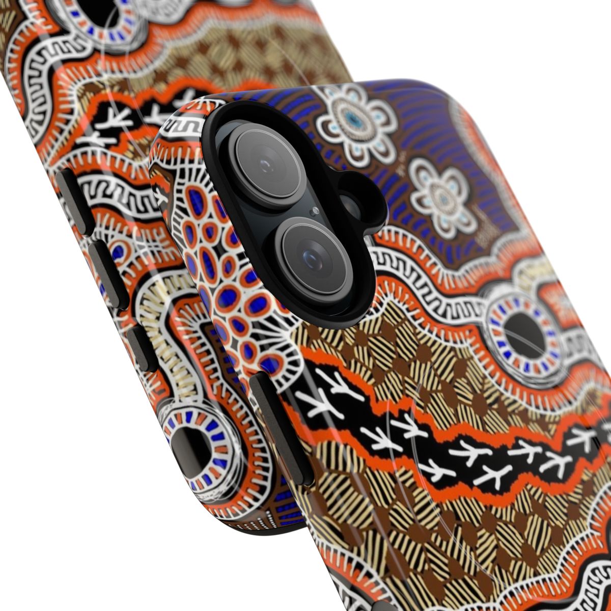 Authentic Aboriginal art featuring a brolga bird in a dreaming design, printed on a durable magnetic tough phone case. - Detail