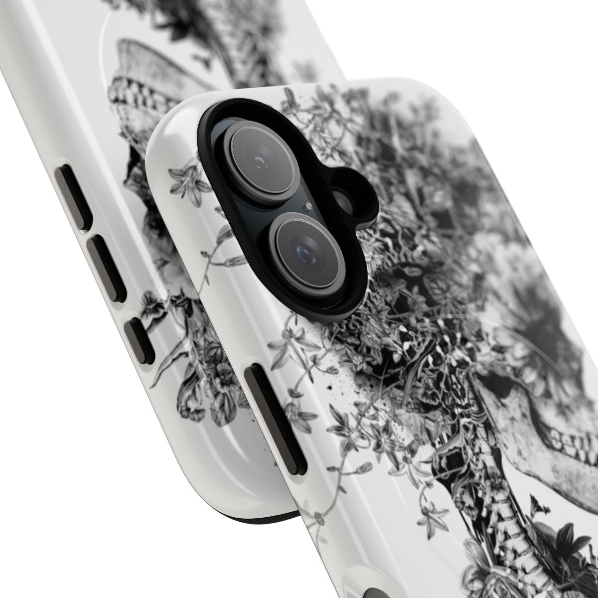 Magnetic phone case with a black and white skull and floral design - Detail