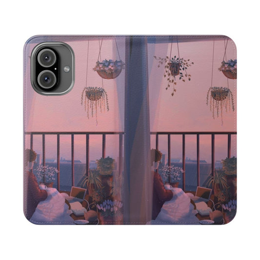 Flip cover phone case with a scenic landscape design featuring morning light and plants.