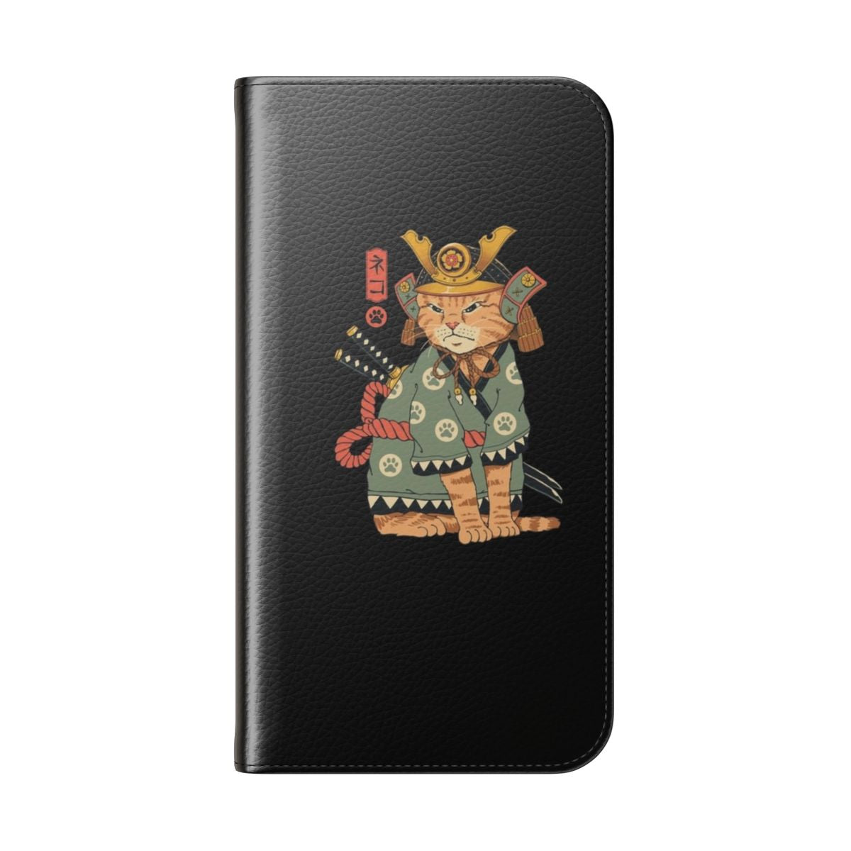 Flip cover phone case featuring a stylized cat design in the traditional Japanese ukiyo-e art style. - Folded Back