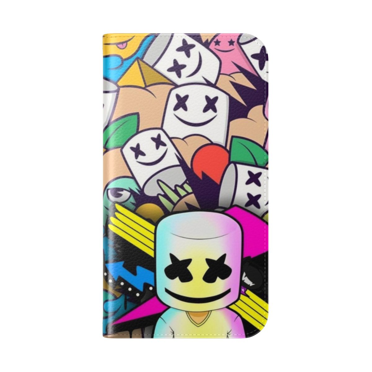 Marshmello-themed flip cover phone case in white with electronic music design - Folded Back