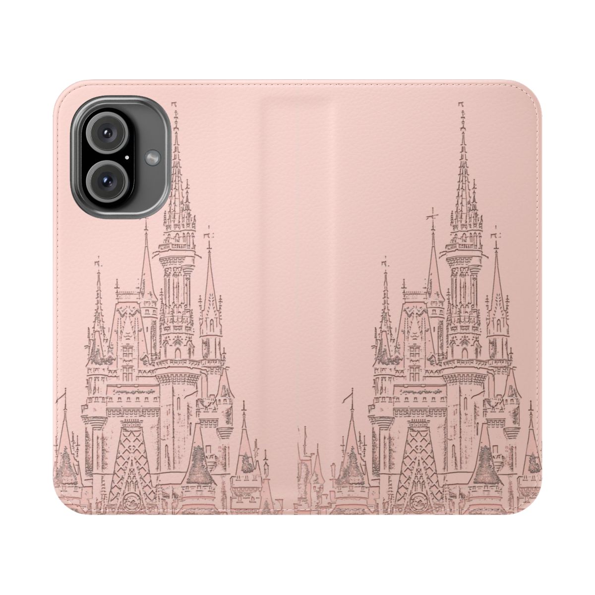 Rose gold phone case with a magical castle silhouette design