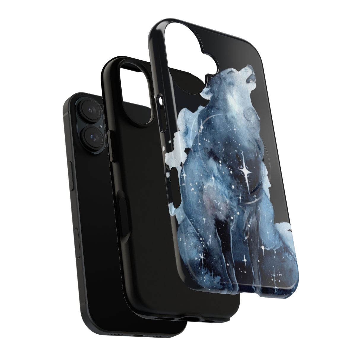 Magnetic phone case featuring a watercolor design of a howling wolf against a starry night sky - Layers