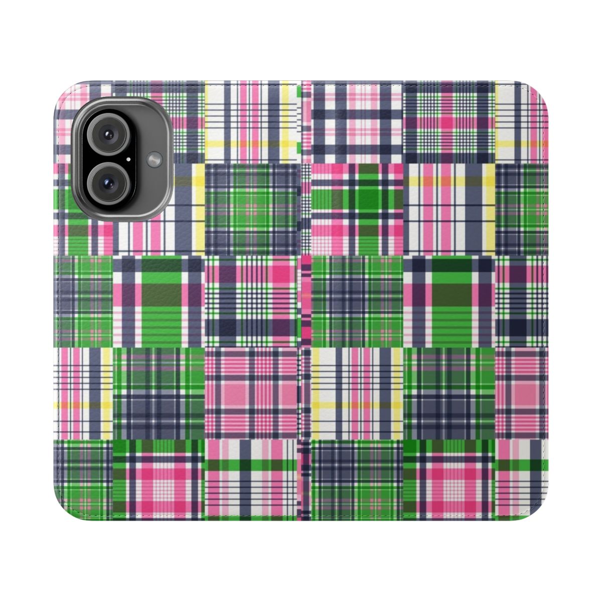 A pink, navy blue, and lime green patchwork madras print phone case.