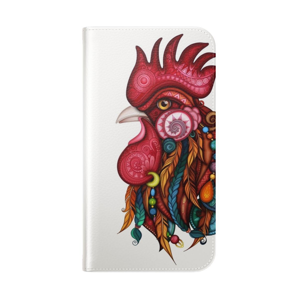 Tribal-patterned flip phone case cover with a rooster design - Folded Back