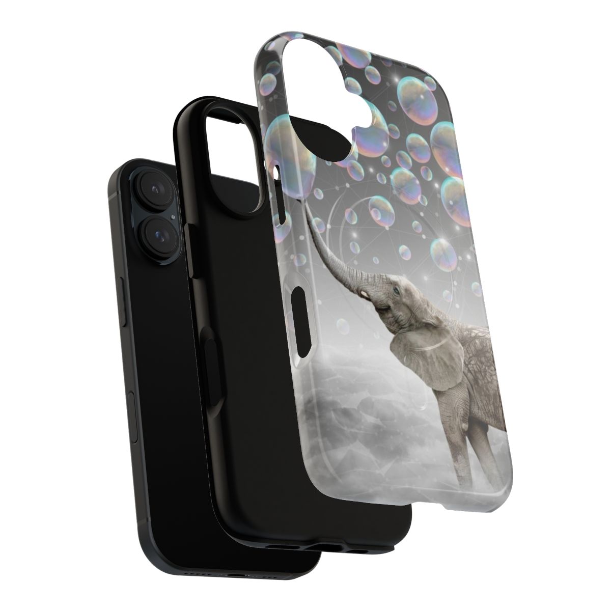 Whimsical surreal elephant artwork with colorful bubbles on a phone case - Layers