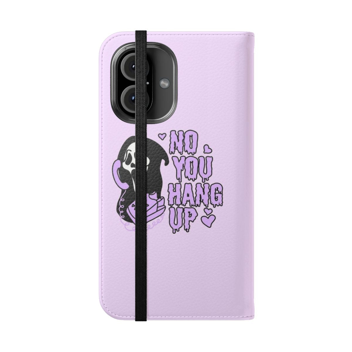 Ghostface-inspired horror flip cover phone case with "No You Hang Up" text - Folded Front