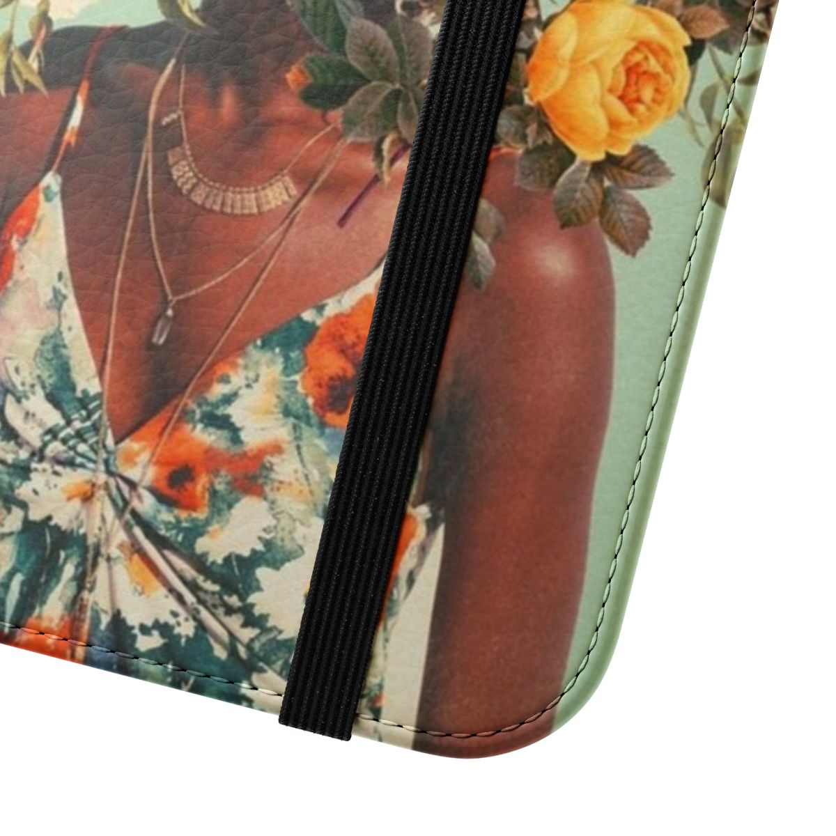 Vintage collage phone case featuring a vibrant floral and bird design in shades of green, blue, and yellow. - Close Up